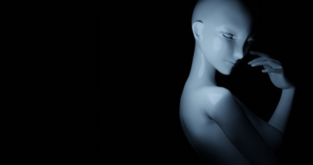 Female mannequin illuminated by pale light in the darkの写真素材