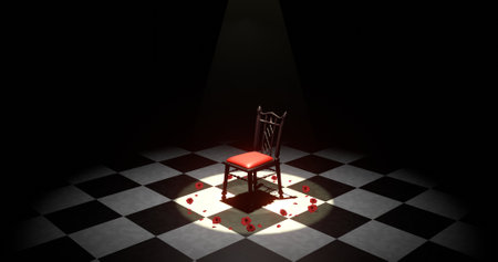 A chair surrounded by roses in the dark and illuminated by spotlights 3DCGの写真素材