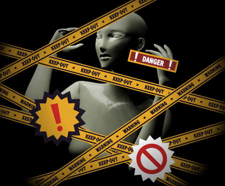 Female mannequin surrounded by barricade tape 3DCGの写真素材
