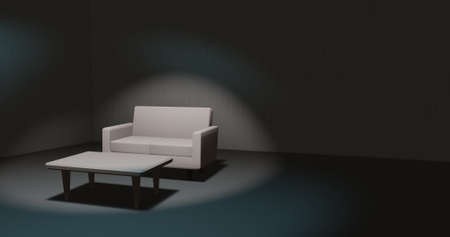 Dim room 3dcg sofa table lonely and sad imageの写真素材