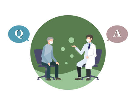 Doctor and patient, elderly, man, examination, question and answer, lab coat, maskのイラスト素材