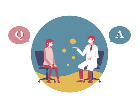 Female patient to examine and ask questions, doctor to answer, art color vector illustrationのイラスト素材