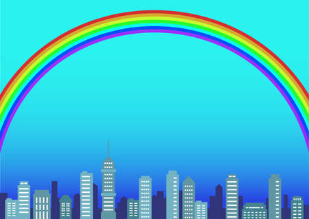 Background illustration of bright cityscape with rainbow, building street, city, blue skyの写真素材
