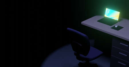 Office desk and office chair and laptop in dark room 3dcgの写真素材