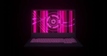 Cyber Digital Design Laptop Black Background Pink 3DCGの写真素材