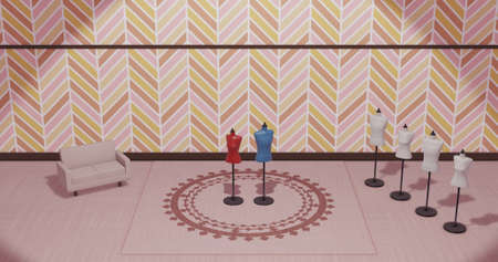 3DCG room shop atelier lined with torso mannequins in stylish wallpaper roomの写真素材