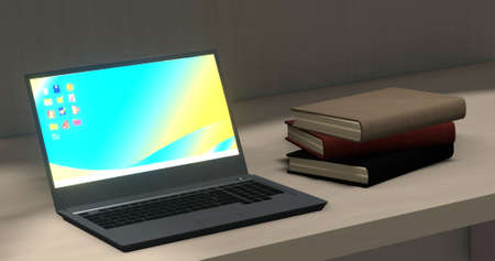 Laptop and book 3DCG room on deskの写真素材