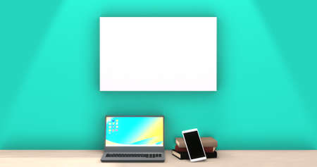 Laptop, Book and Smartphone Poster Copy Space 3DCGの写真素材