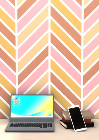 Herringbone-patterned room, laptop, smartphone, book 3DCG posterの写真素材