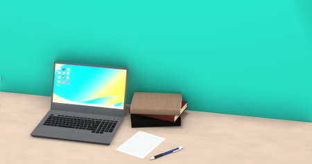 Book 3DCG interior poster with laptop and notepad and pen on deskの写真素材