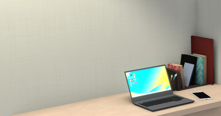 Laptop, smartphone, books and stationery on desk 3DCG interiorの写真素材