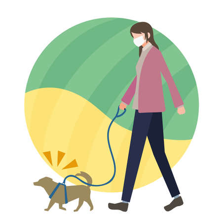 Woman walking her dog wearing a mask figure flat design vector illustrationのイラスト素材