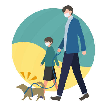 Image flat design vector of parent and child and sibling strolling wearing a maskのイラスト素材