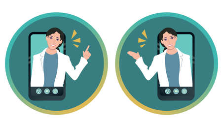 Female doctor who comes out of smartphone and guide you with a smile Vector illustrationのイラスト素材