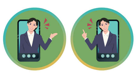 Woman in suit who comes out of smartphone and guide you with a smile Vector illustrationのイラスト素材