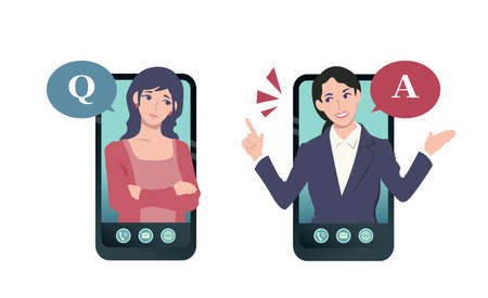 Woman in suit describing smartphone and troubled woman Question and answer Person vector illustrationのイラスト素材