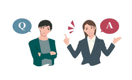 Woman in suit describing as troubled man Question and answer Person vector illustrationのイラスト素材