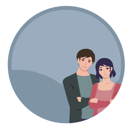Troubled Man and Woman Circular Frame Figure Vector Illustration Couple Loverのイラスト素材