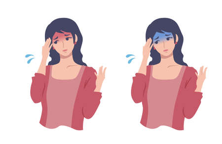Woman with fever, pale young woman set Person vector illustrationのイラスト素材