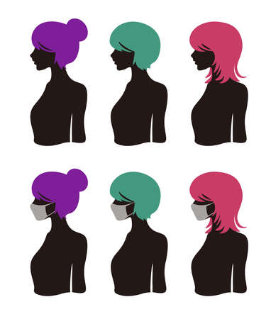 Woman's Landscape Silhouette Set Mask Wearing Person Vector Illustrationのイラスト素材