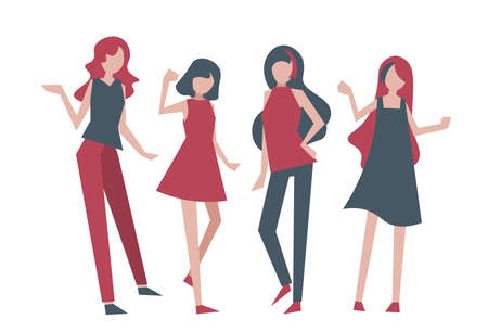Active Pose Woman Standing Picture Set Person Flat Illustration Deformedのイラスト素材