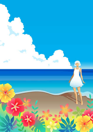 Poster of woman and southern plant standing against seaの写真素材