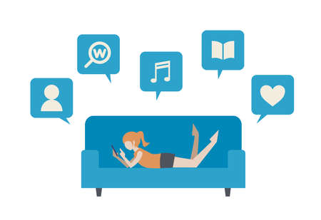 Woman looking at smartphone lying on sofa Figure flat illustration callout iconのイラスト素材