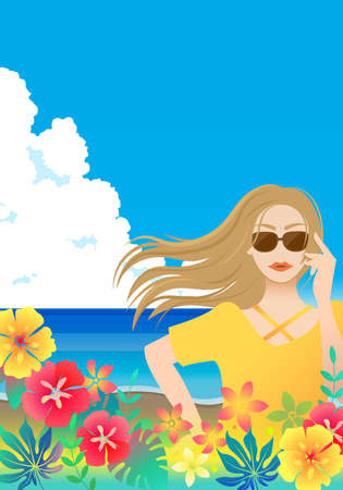 Poster of woman wearing summer sea and southern plants and sunglassesの写真素材
