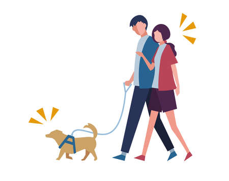Man and woman walking with dog Lover Family sibling Figure flat illustrationのイラスト素材