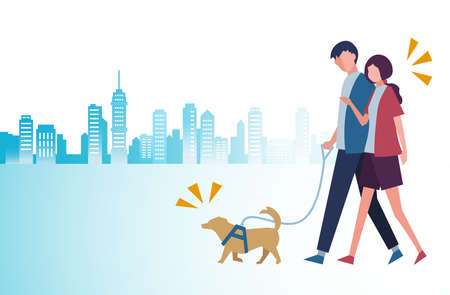 Man and woman walking with dog City background figure flat illustrationの写真素材