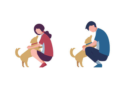 Man and woman set playing with dog Person flat illustrationのイラスト素材