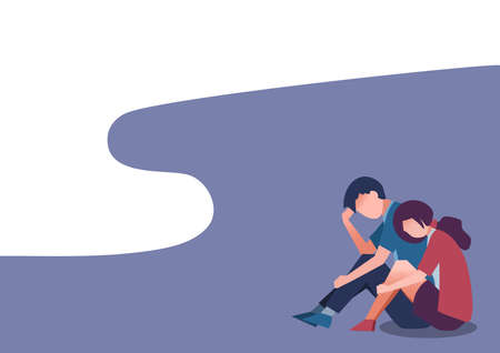 Young man and woman depressed holding knees Figure flat illustrationのイラスト素材