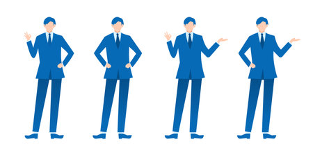 Male set in suit Blue figure flat illustration poseのイラスト素材