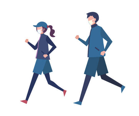 Jogging men and women young people wearing masks winter clothes people flat illustrationのイラスト素材