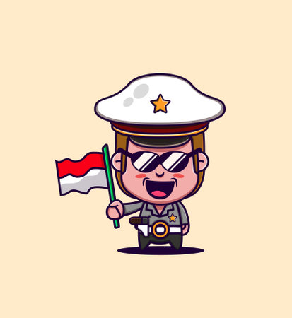 Cute police cartoon character holding indonesian flagのイラスト素材