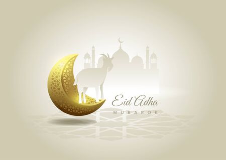 Eid Al Adha Mubarak the celebration of Muslim community festival background design with goat, moon and masjid .Vector Illustrationのイラスト素材