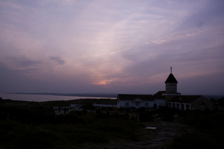 Church of the Holy Apostles Peter and Paul at sunset on the Black Sea coast.の写真素材