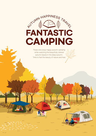 Camping scenery in an autumn forest with lush autumn leavesのイラスト素材