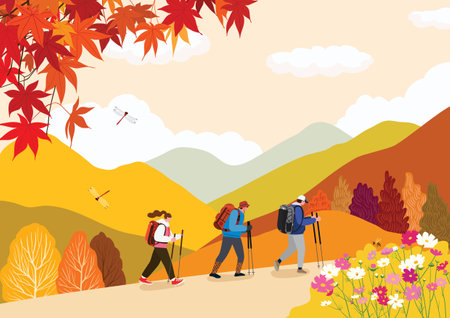 People climbing a mountain in autumn with colored leavesのイラスト素材