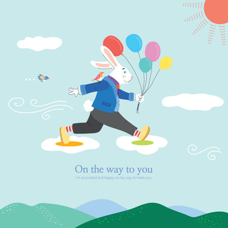 Happy Easter greeting card with cute bunny running with balloons. Vector illustration.のイラスト素材
