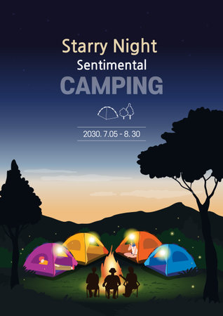 Night camping. Camping on the mountain. Vector illustration for your designのイラスト素材