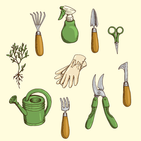 Set of hand-drawn illustration of the garden toolsのイラスト素材