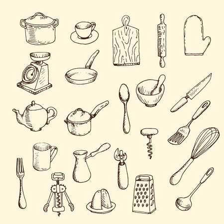 Graphic hand-drawn set of kitchen utensilのイラスト素材