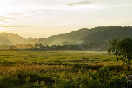 Sunset over tropical river of Phong Nha National Park Village in vietnam, south east asia
