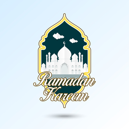 Illustration of ramadan kareem. Islamic greeting paper cut style with mosque, minaret, and clouds in frame decoration. For web banner, greeting card, and poster template.のイラスト素材