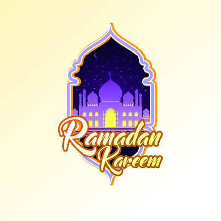 Illustration of ramadan kareem with  mosque and stars at night in a frame. For web banner, greeting card, and poster template.のイラスト素材