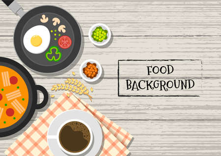 Food vector illustration. Background of food dishes. Food on a wooden tableのイラスト素材