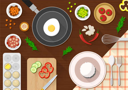 flat kitchen table for cooking suitable for banner, flyer, restaurant or cafe menu list, and more. flat design background.のイラスト素材