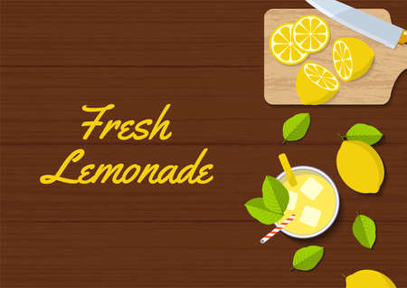 top view flat kitchen table design. fresh lemonade juice on wooden table from above with lemon fruit suitable for social media post, banner, flyer, restaurant or cafe menu list, and moreのイラスト素材