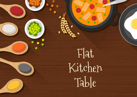 flat design of kitchen table top view. wooden kitchen table suitable for banner, flyer, restaurant or cafe menu list, and more. flat design background.のイラスト素材